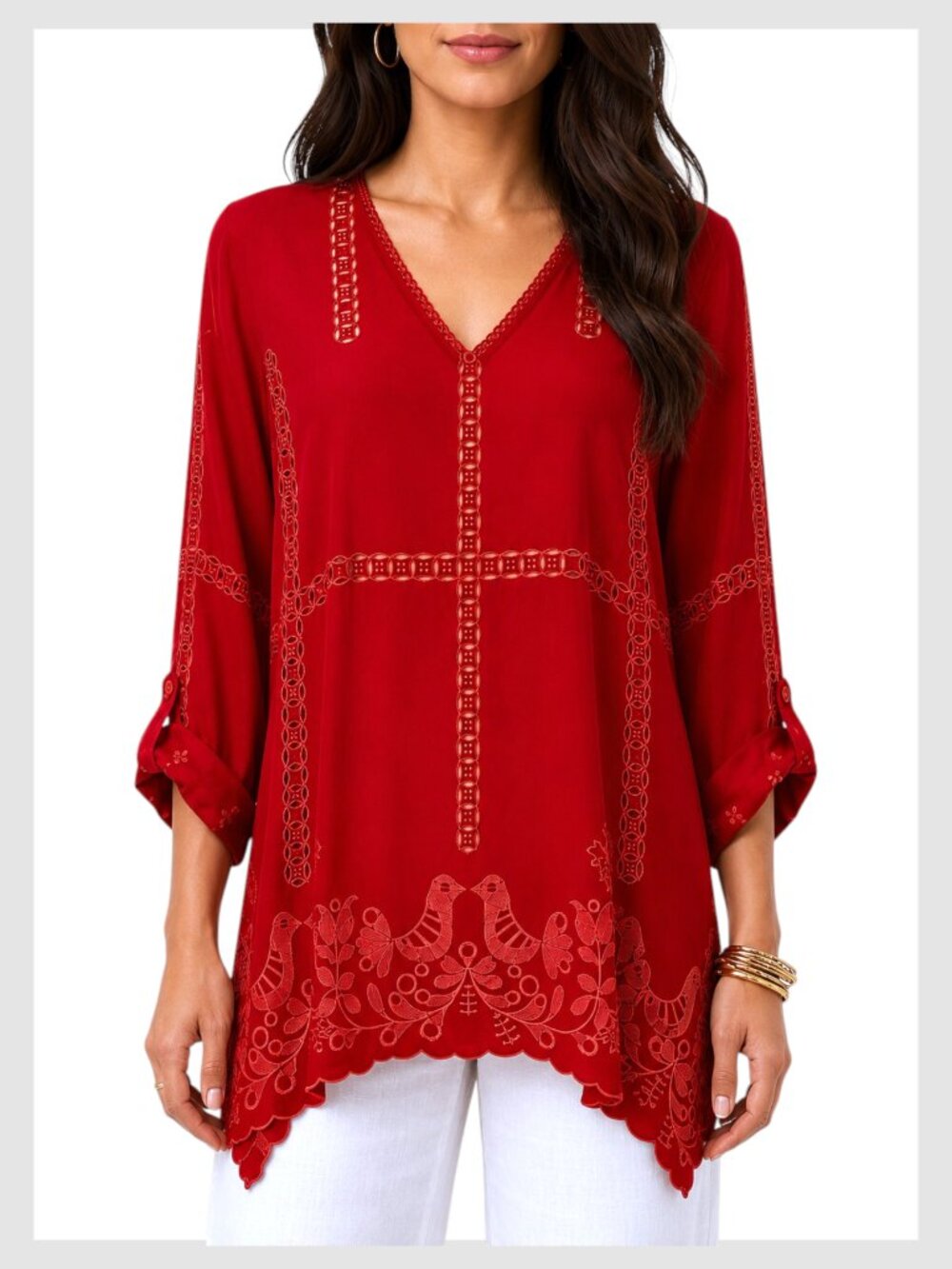 Johnny Was Blouse Red Eyelet Embroidered Tunic XS